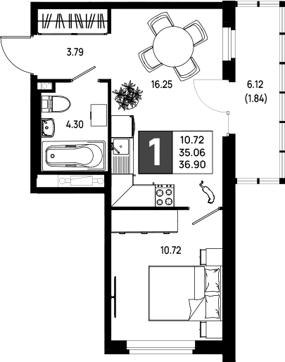 Планировка: Евродвушка 35,1 м² в ЖК «Имена»