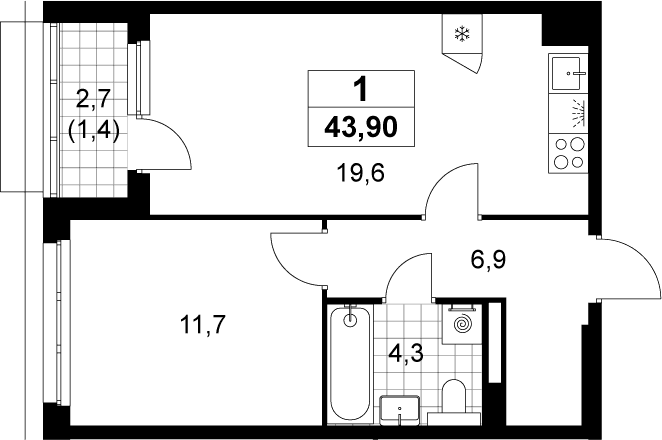 Планировка: Евродвушка 42,5 м² в ЖК «Деснаречье»