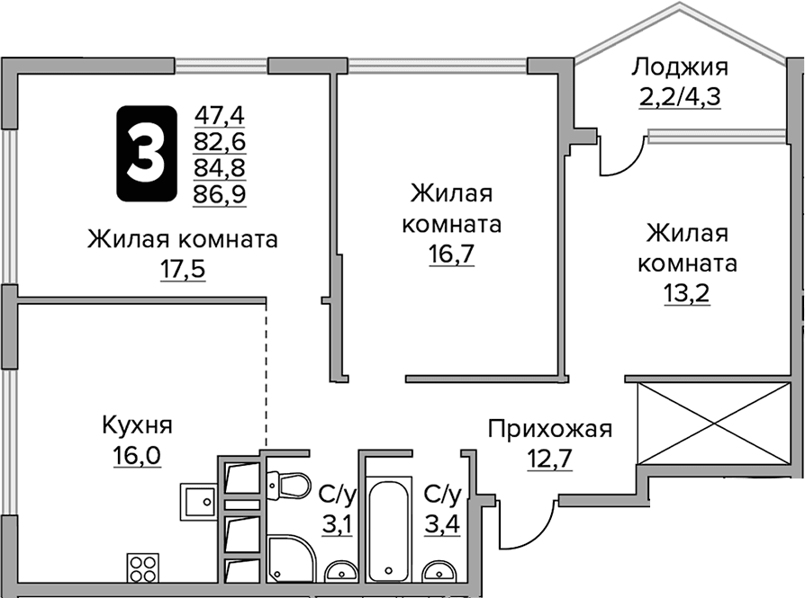 3-комнатная квартира