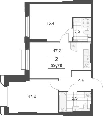 Планировка: Евротрёшка 59,7 м² в ЖК «Южные сады»