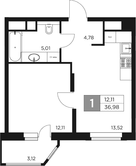 Планировка: 1-комнатная квартира 35,4 м² в ЖК «Восток 2»