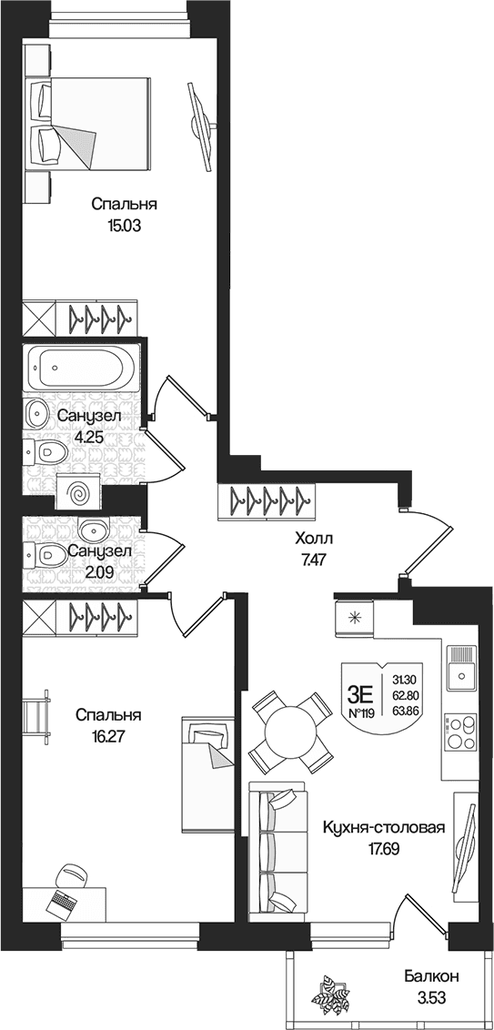 Планировка: Евротрёшка 62,8 м² в ЖК «Охтинские высоты»