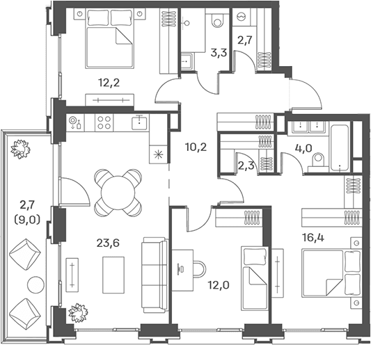 Планировка: Квартира евро-4 86,7 м² в ЖК «Портленд»