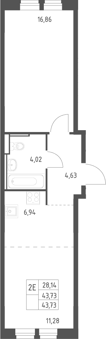 Планировка: Евродвушка 43,7 м² в ЖК «Квартал Ивакино»
