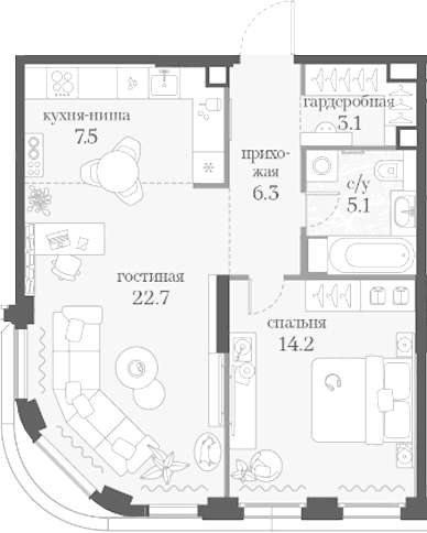Планировка: 1-комнатная квартира 58,9 м² в ЖК «Муза»
