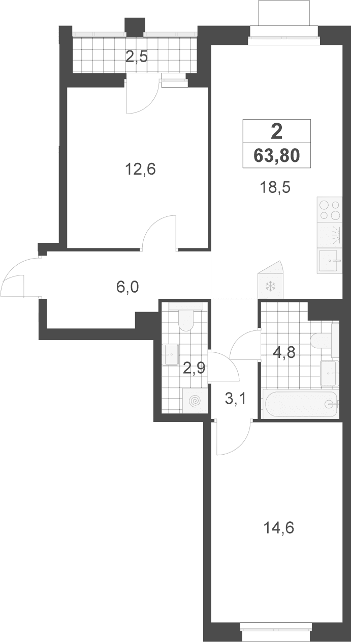 Планировка: Евротрёшка 62,5 м² в ЖК «Деснаречье»
