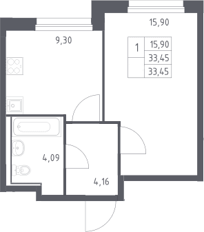 Планировка: 1-комнатная квартира 33,5 м² в ЖК «Прибрежный Парк»