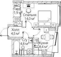 Планировка: 1-комнатная квартира 33,4 м² в ЖК «СЕЗАР БУДУЩЕЕ»