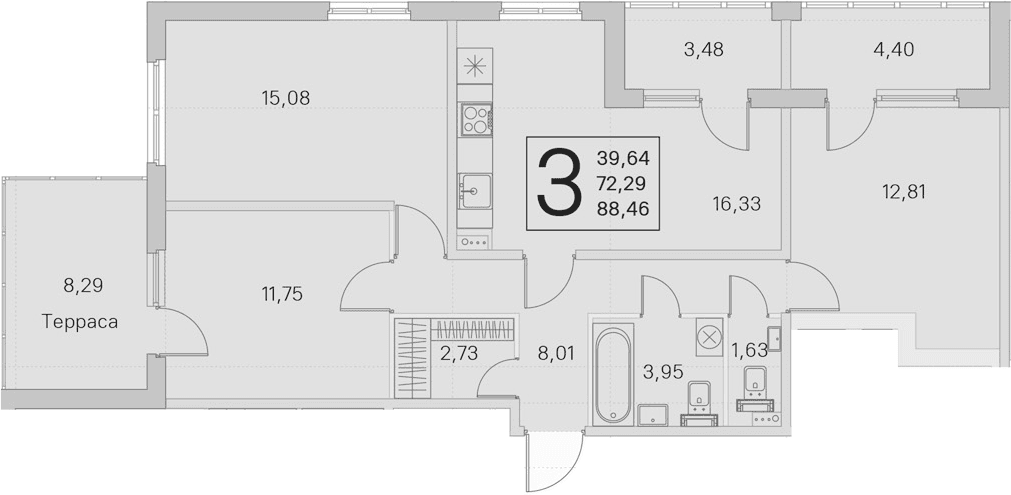 Планировка: Квартира евро-4 72,3 м² в ЖК «Любоград в Стрельне»
