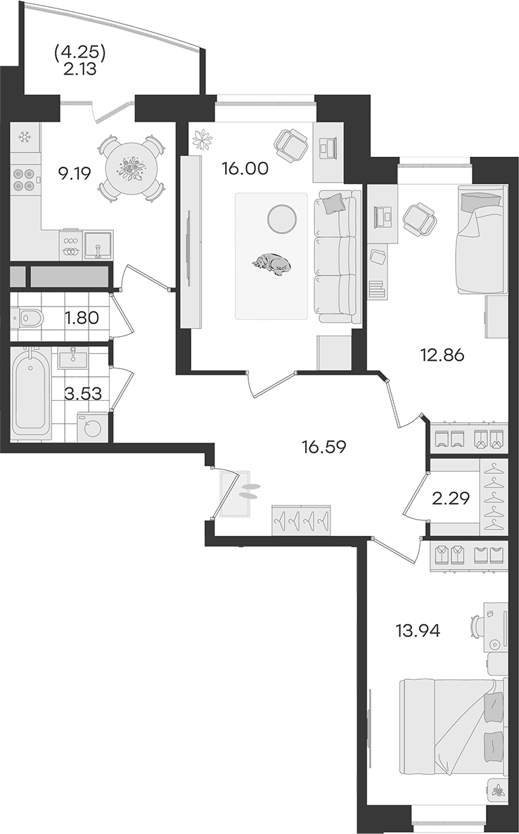 Планировка: 3-комнатная квартира 76,2 м² в ЖК «Новый Весенний»