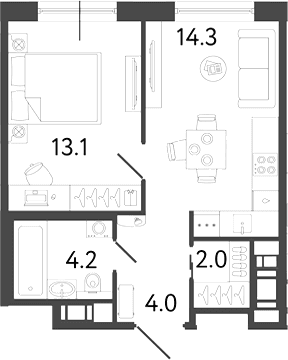Планировка: 1-комнатная квартира 37,6 м² в ЖК «Передвижники 2»