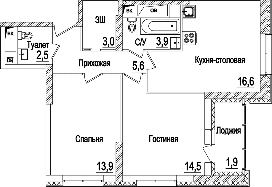 Планировка: Евротрёшка 60 м² в ЖК «Рассказово»