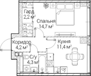 Планировка: 1-комнатная квартира 36,9 м² в ЖК «СЕЗАР БУДУЩЕЕ»