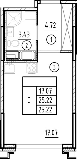 Планировка: Студия 25,2 м² в ЖК «Ассамблея»