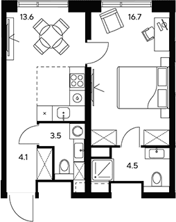 Планировка: 1-комнатная квартира 42,4 м² в ЖК «НЕКСУС от Аквилон»
