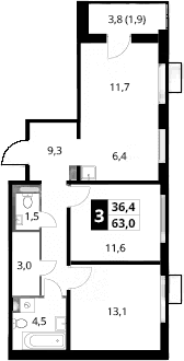 Планировка: Евротрёшка 61,1 м² в ЖК «1-й Донской»