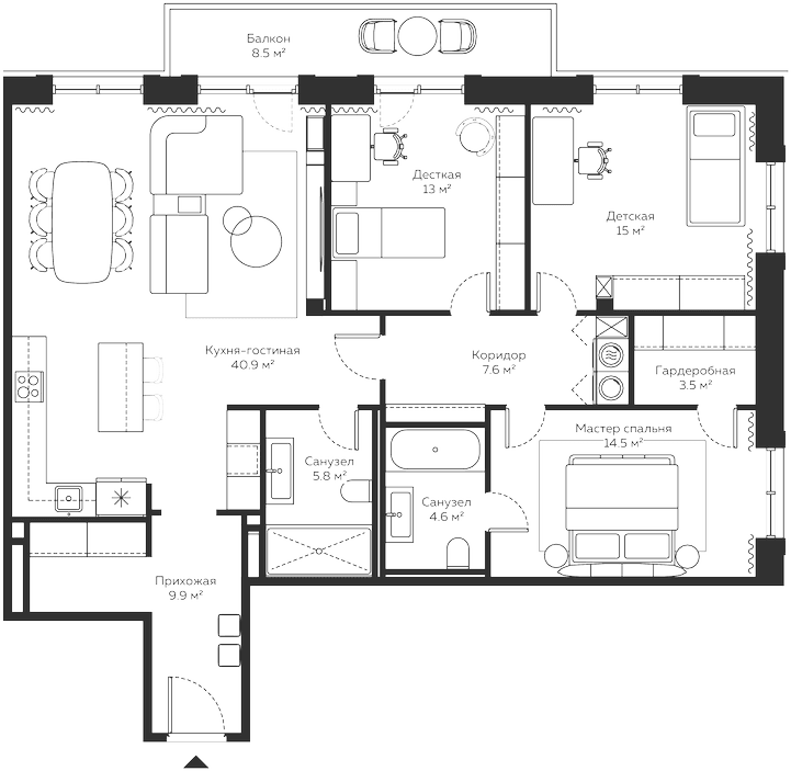 Планировка: Квартира евро-4 126,8 м² в ЖК «River Residences»
