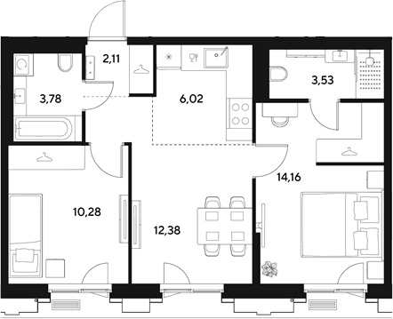 Планировка: Евротрёшка 52,3 м² в ЖК «ЭВО»