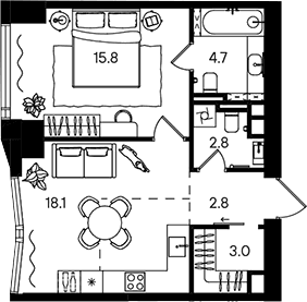 Планировка: Евродвушка 47,2 м² в ЖК «СТОУН Блик»