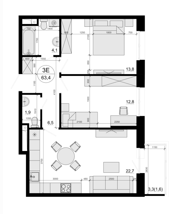 Планировка: Евротрёшка 60,2 м² в ЖК «Одинцовские Кварталы Эволюция»