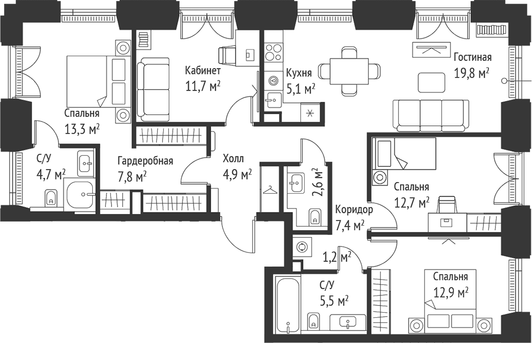 Планировка: Квартира евро-5 109,6 м² в ЖК «СЕТ»