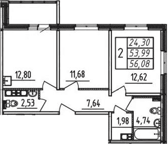 Планировка: 2-комнатная квартира 54 м² в ЖК «Меридиан. Шушары»