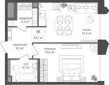 Планировка: 1-комнатная квартира 43,1 м² в ЖК «Петровский Парк II»