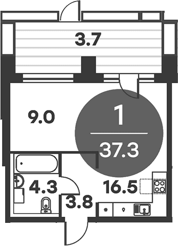 Планировка: 1-комнатная квартира 36,5 м² в ЖК «Равновесие»
