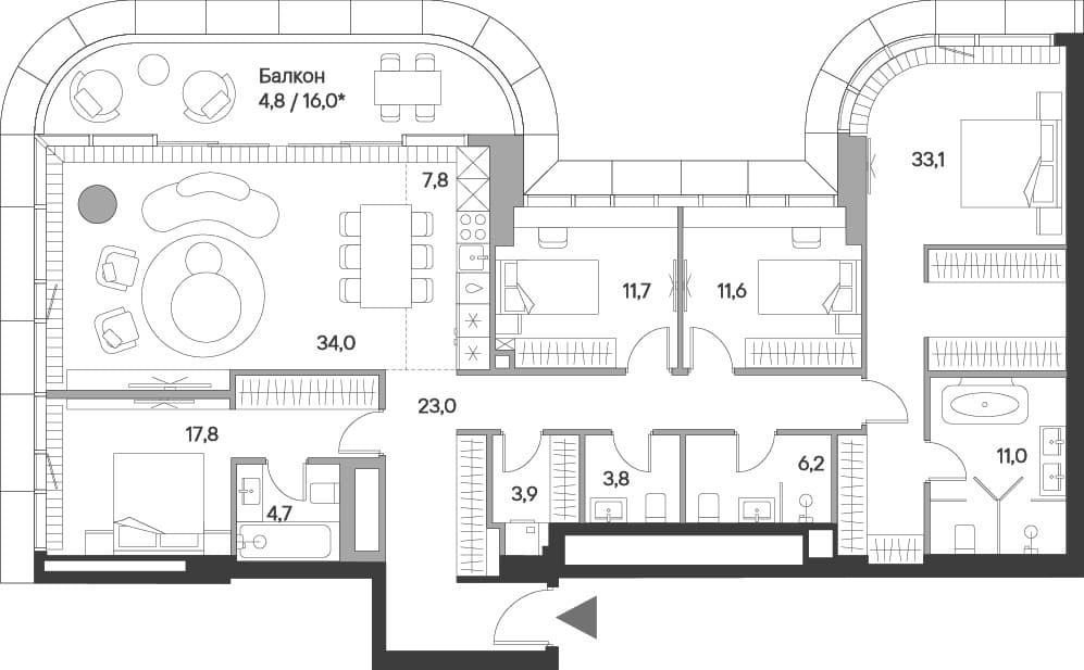 Планировка: Квартира евро-5 168,6 м² в ЖК «Springs»