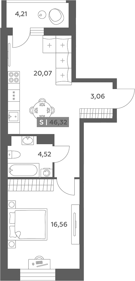 Планировка: 1-комнатная квартира 44,2 м² в ЖК «Аквилон РекаПарк»
