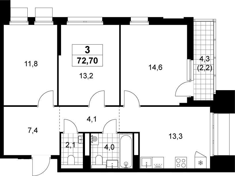 Планировка: 3-комнатная квартира 70,5 м² в ЖК «Деснаречье»