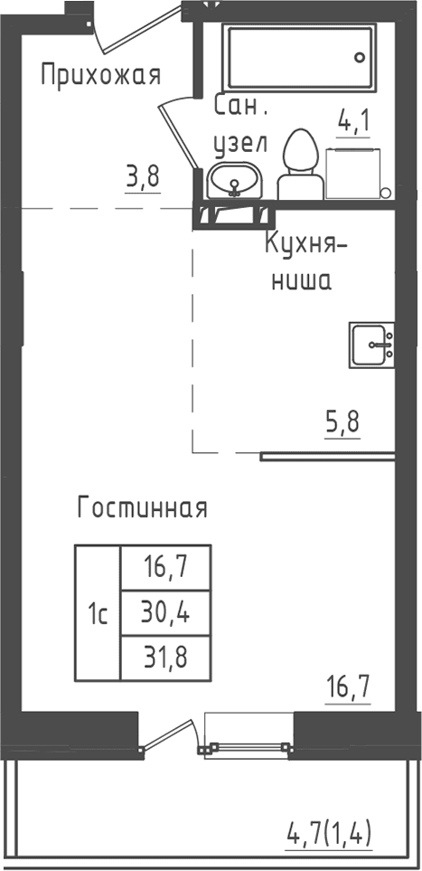 Планировка: Студия 30,4 м² в ЖК «Зеленый город»