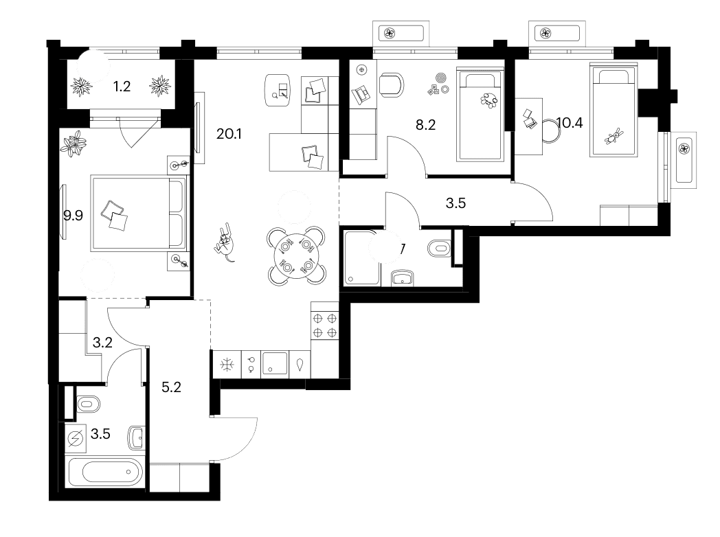Планировка: 3-комнатная квартира 66,7 м² в ЖК «Ярославский»