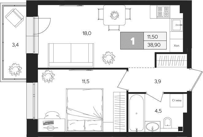 Планировка: 1-комнатная квартира 37,9 м² в ЖК «Ласточкино»