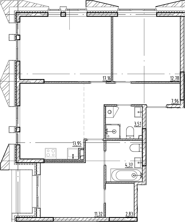 Планировка: 3-комнатная квартира 73,9 м² в ЖК «Галерная Гавань»
