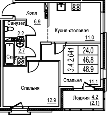 Планировка: 2-комнатная квартира 46,8 м² в ЖК «Экография»