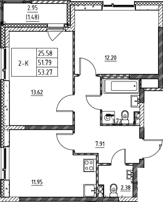 Планировка: 2-комнатная квартира 51,8 м² в ЖК «Город-спутник Южный»