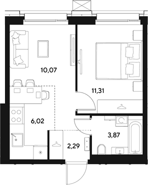 Планировка: Евродвушка 33,6 м² в ЖК «ЭВО»