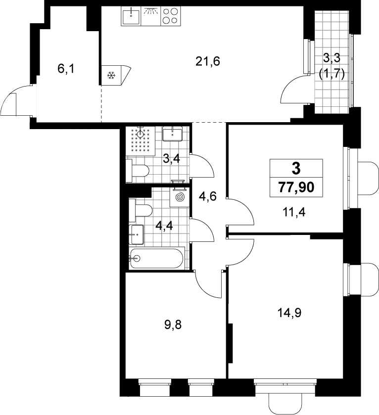 Планировка: Квартира евро-4 76,2 м² в ЖК «Прокшино»