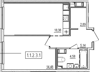 Планировка: Евродвушка 45,5 м² в ЖК «Новый Ямбург»