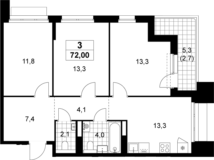 Планировка: 3-комнатная квартира 69,3 м² в ЖК «Деснаречье»