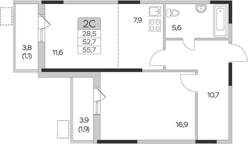 Планировка: Евродвушка 52,7 м² в ЖК «Пироговская ривьера»