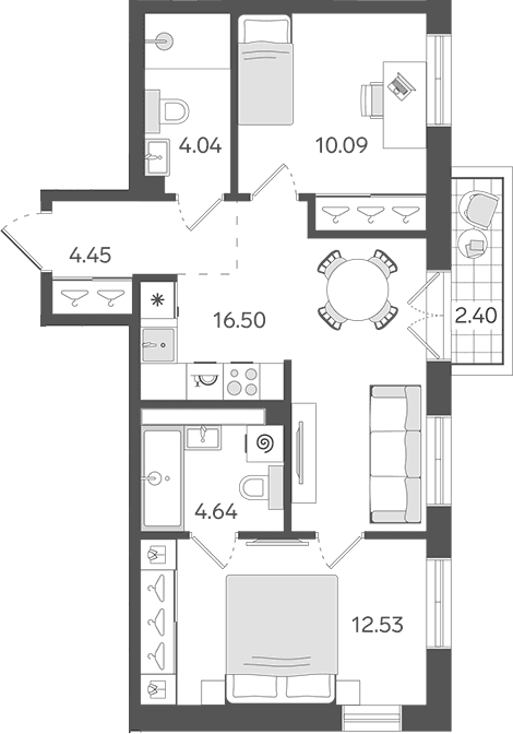 Планировка: Евротрёшка 52,3 м² в ЖК «СТАВНИ Обводный»