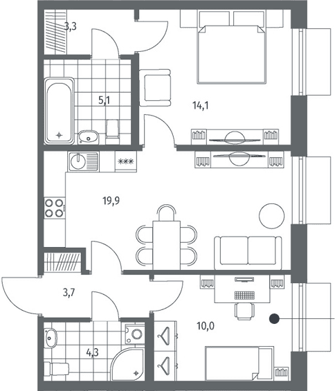 Планировка: Евротрёшка 60,4 м² в ЖК «Парусная 1»