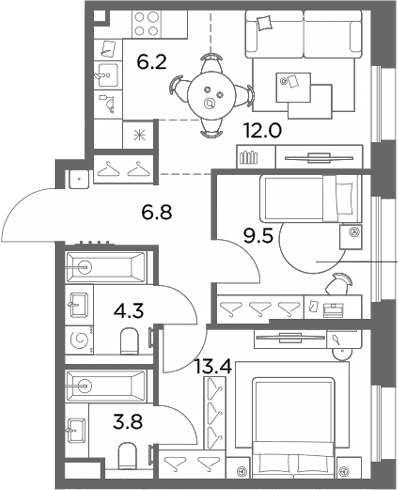 Планировка: Евротрёшка 56 м² в ЖК «Станиславский»