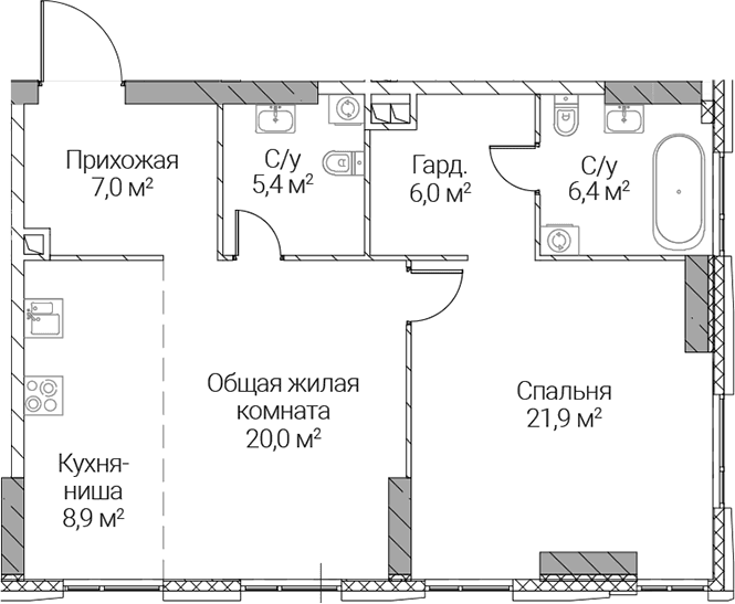 Планировка: Евродвушка 75,6 м² в ЖК «СЕЗАР СИЛИКА»