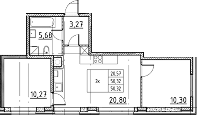 Планировка: Евротрёшка 50,3 м² в ЖК «Соло.Петергоф»