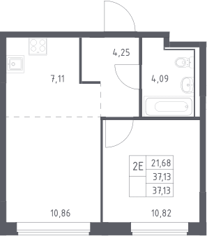 Планировка: Евродвушка 37,1 м² в ЖК «Прибрежный Парк»