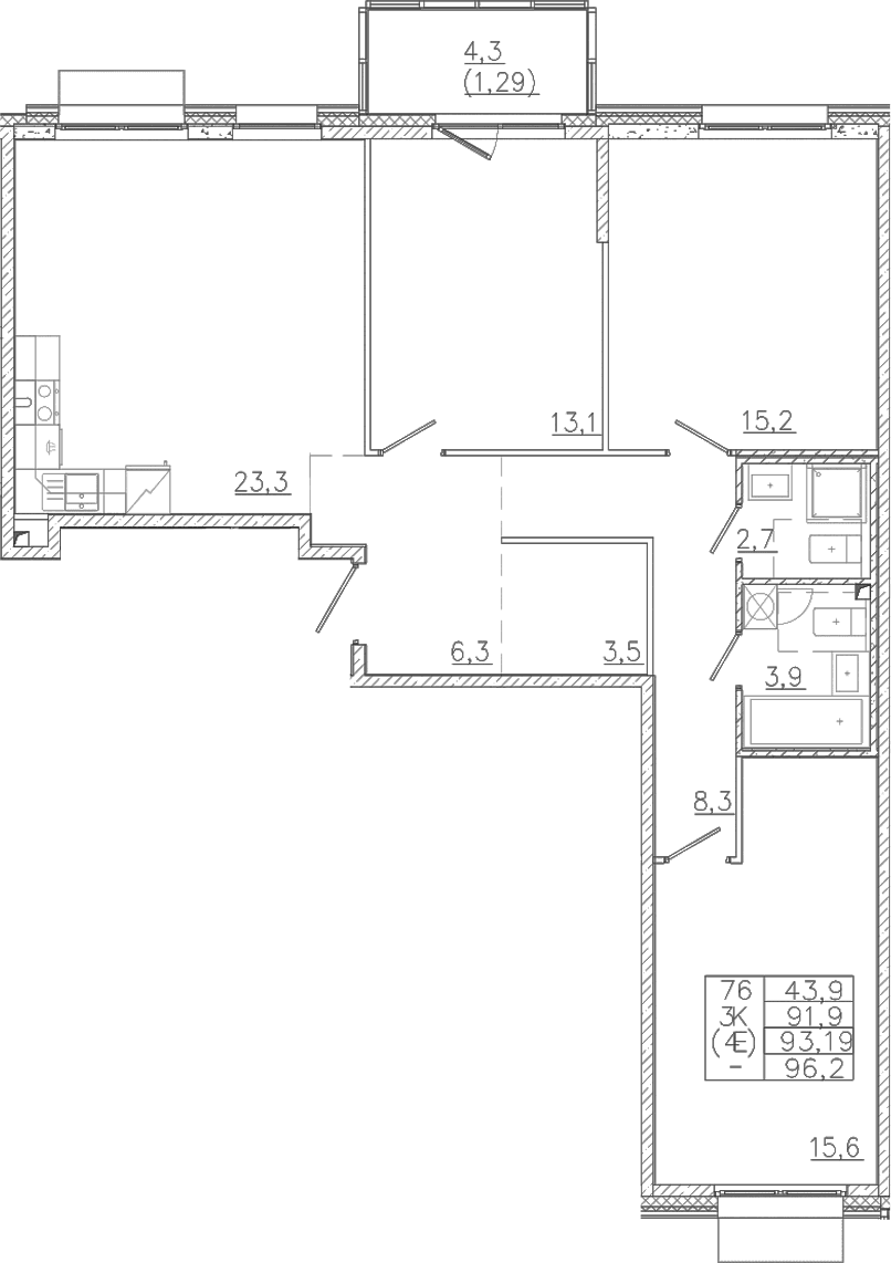 Планировка: Квартира евро-4 91,9 м² в ЖК «Лисино»