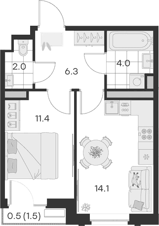 Планировка: 1-комнатная квартира 37,8 м² в ЖК «Михалевич»